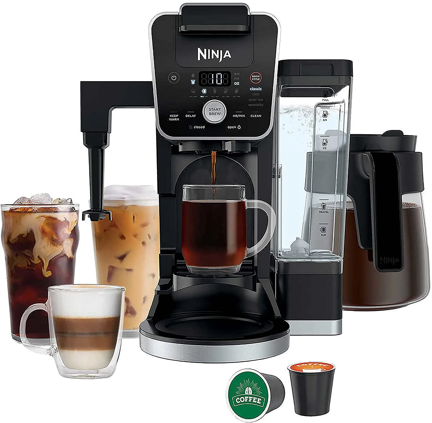 ****CLEARANCE**** Ninja DualBrew System 14-Cup Coffee Maker, Single-Serve Pods & Grounds, 4 Brew Styles, Built-In Fold Away Frother, 70-oz. Water Reservoir & Carafe, Black (CFP451CO)