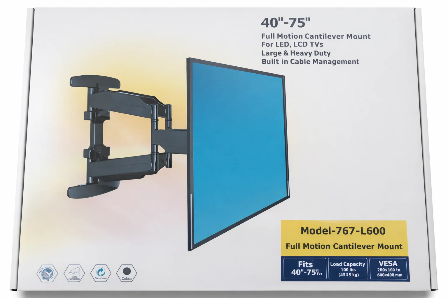 40-75 inch Full Motion TV Wall Mount Dual Articulating Arms up to 100 lbs and Max VESA 600 x 400mm, Wall Mount TV Bracket Swivel and Tilt Black (Model-767-L600) - Image 13