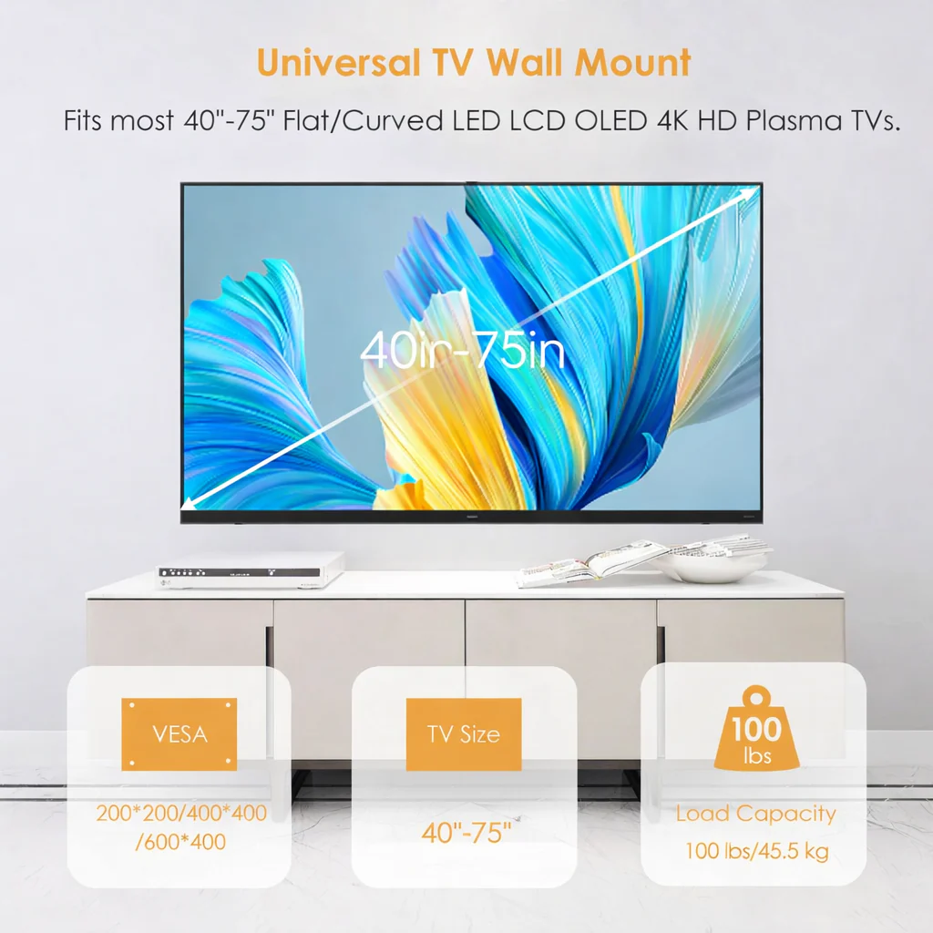 40-75 inch Full Motion TV Wall Mount Dual Articulating Arms up to 100 lbs and Max VESA 600 x 400mm, Wall Mount TV Bracket Swivel and Tilt Black (Model-767-L600) - Image 5