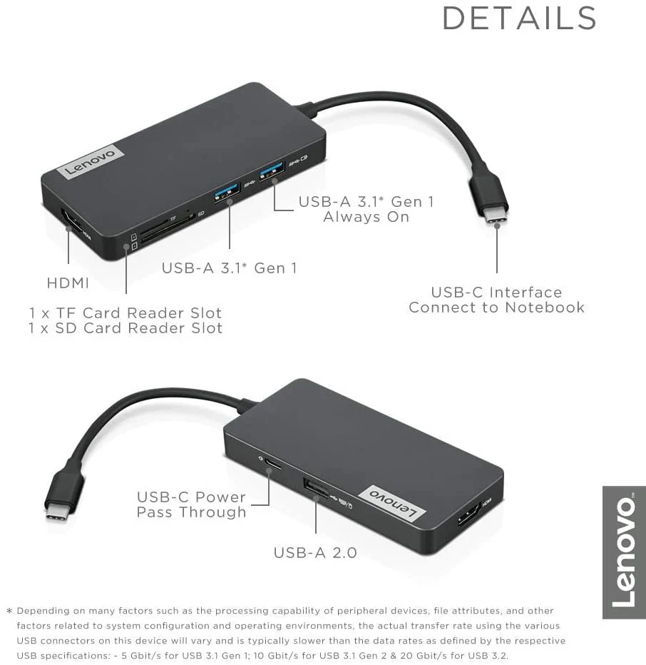 Lenovo USB-C 7-in-1 Hub, with USB-C Laptop Charging Port, USB 3.1, USB 2.0, HDMI, TF Card Reader, SD Card Reader, GX90T77924, Iron Grey - Image 2