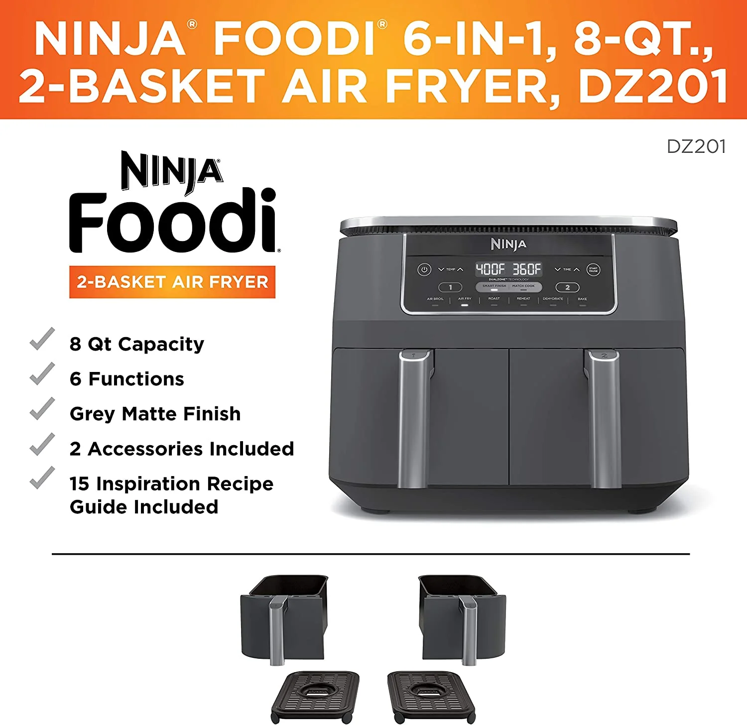 Ninja DZ201 Foodi 8 Quart 6-in-1 DualZone 2-Basket Air Fryer with 2 Independent Frying Baskets, Match Cook & Smart Finish to Roast, Broil, Dehydrate & More for Quick, Easy Meals (DZ201) - Image 10