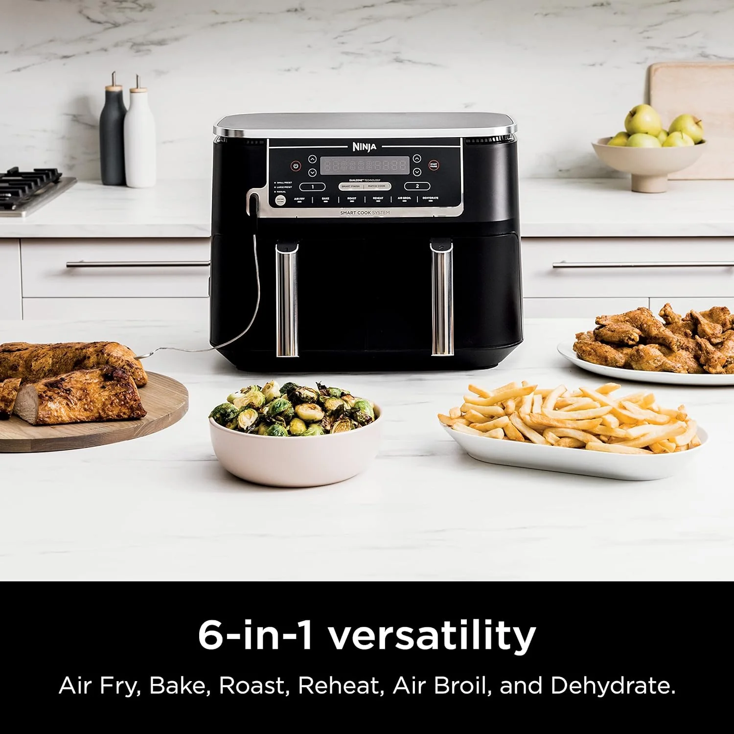 Ninja DZ550 Foodi 10 Quart 6-in-1 DualZone Smart XL Air Fryer with 2 Independent Baskets, Smart Cook Thermometer for Perfect Doneness, Match Cook & Smart Finish to Roast, Dehydrate & More - Image 2