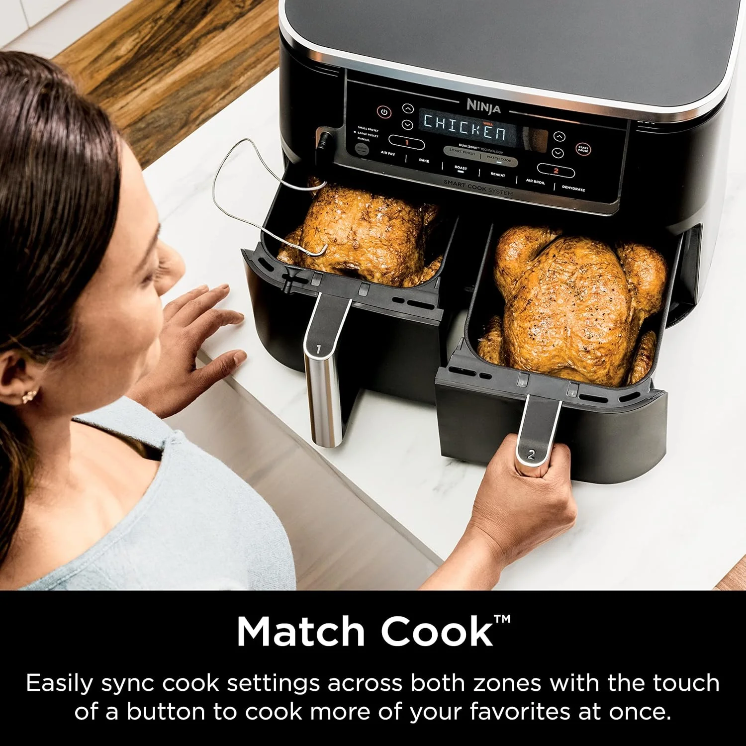 Ninja DZ550 Foodi 10 Quart 6-in-1 DualZone Smart XL Air Fryer with 2 Independent Baskets, Smart Cook Thermometer for Perfect Doneness, Match Cook & Smart Finish to Roast, Dehydrate & More - Image 8