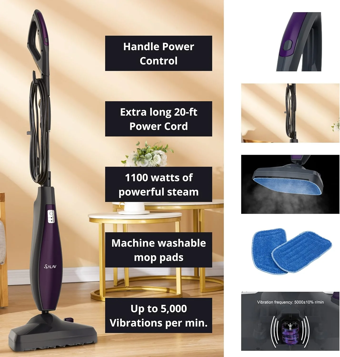 SALAV, Pet Motion Vibrating Steam Mop, Includes Mop Pads, Water Cup, Carpet Glider, STM-403, Dark Gray Midnight - Image 4