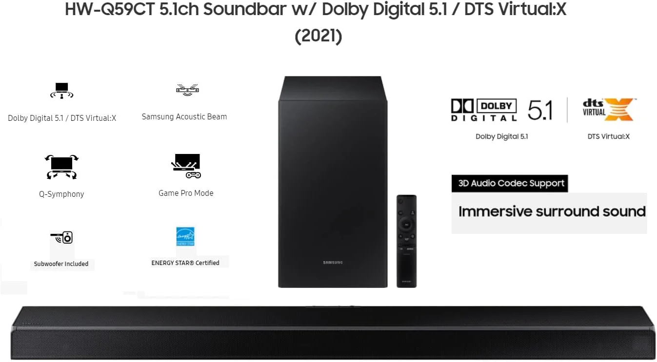 Samsung HW-Q59CT 5.1-Ch Dolby Digital 5.1 / DTS Virtual:X Soundbar with Acoustic Beam - Image 3
