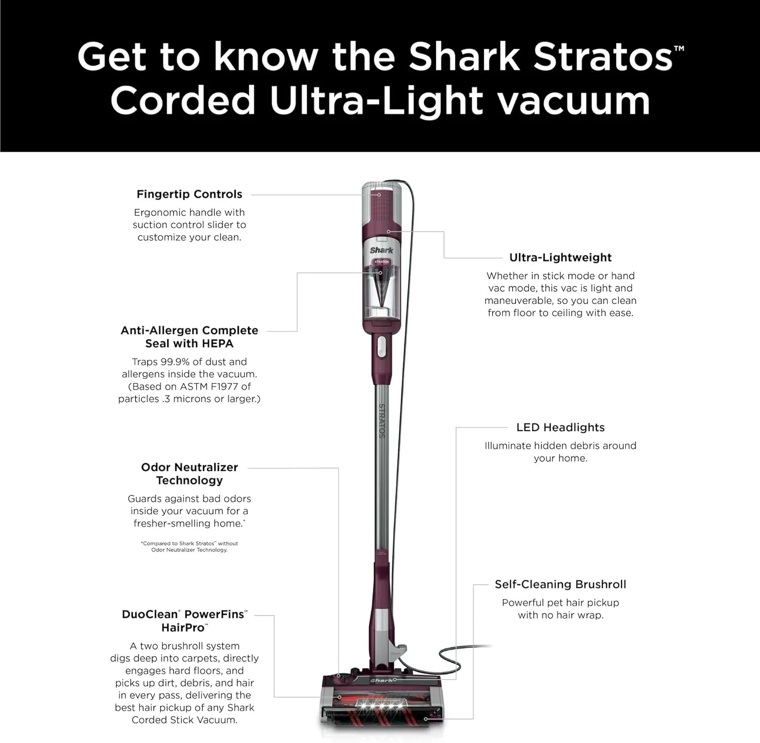 Shark HZ3000 Stratos Ultralight Corded Stick Vacuum with DuoClean PowerFins HairPro, Self-Cleaning Brushroll, & Odor Neutralizer Technology, Red Plum - Image 2